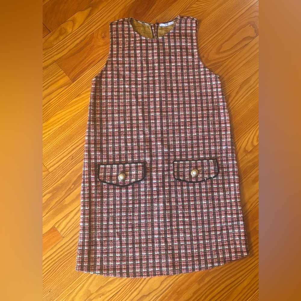 Zara Tweed Plaid Shift Mini Dress —Vintage 60s Style — Ornate Buttons